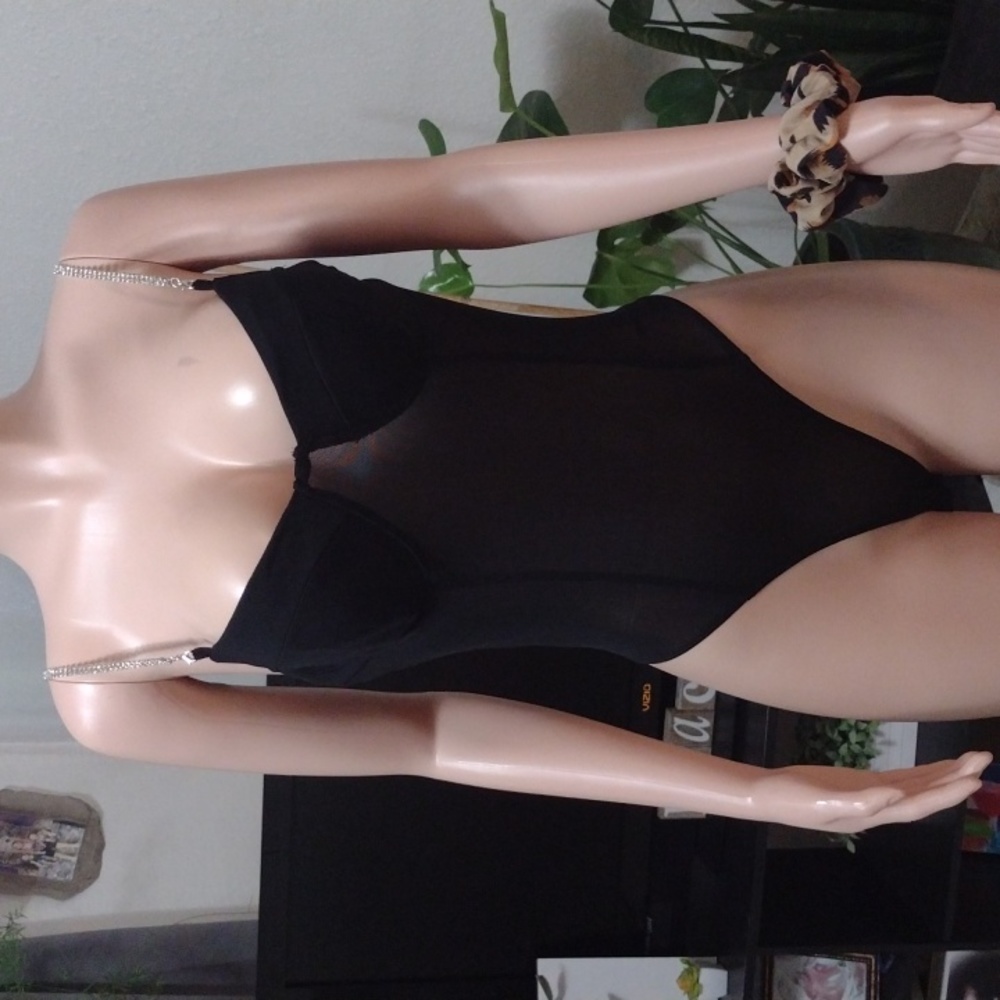 COPY - Black sexy with rhinestones One piece bodysuit size small.